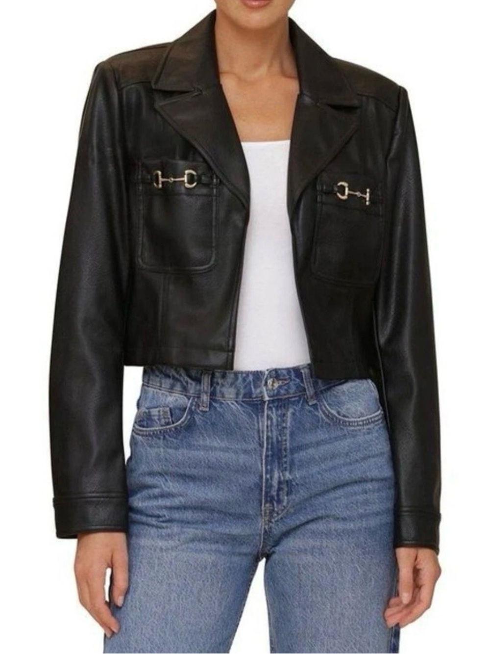 Bagatelle Cropped Black Leather Jacket with Horsebit Accents
